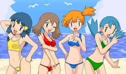  4girls :d ;d alternate_costume aqua_eyes arm_behind_head arm_up armpits ass_visible_through_thighs beach bikini bird blue_bikini blue_eyes blue_hair blue_sky blush breasts brown_hair cleavage cloud cowboy_shot dawn_(pokemon) day flipped_hair green_bikini green_eyes groin hair_between_eyes hair_ornament hair_tie hairclip half_updo hand_on_own_hip hand_up highleg highleg_bikini holding_own_arm horizon kasumi_(pokemon) kuro_hopper leaning_forward lineup long_hair lowleg lowleg_bikini marina_(pokemon) may_(pokemon) medium_breasts medium_hair multiple_girls navel ocean oekaki one_eye_closed open_mouth orange_hair outdoors parted_bangs pokemon pokemon_(anime) pokemon_(classic_anime) pose red_bikini seagull short_hair short_hair_with_long_locks side-by-side side_ponytail sidelocks single_strap sky small_breasts smile standing swimsuit tankini twintails v w water wide_hips yellow_bikini 