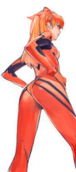  ass blue_eyes bodysuit bracer breasts closed_mouth commentary_request female from_below from_side gloves hair_between_eyes hands_on_own_hips headgear highres interface_headset kiyohisa kneepits legs_apart long_hair looking_to_the_side medium_breasts neon_genesis_evangelion orange_hair pilot_suit plugsuit profile red_bodysuit science_fiction simple_background sketch skin_tight solo souryuu_asuka_langley standing two_side_up white_background 