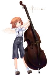  brown_eyes brown_hair commentary_request double_bass female instrument original sabamu short_hair solo suspenders wings 