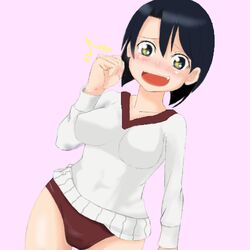  black_hair blush breasts buruma commentary female gym_uniform happy large_breasts lowres maria_holic miyamae_kanako nanashi_(futaba) short_hair simple_background smile solo 