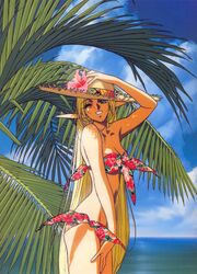  1990s_(style) bikini blonde_hair cloud day deedlit elf female green_eyes grin hat highres izubuchi_yutaka long_hair ocean official_art one_eye_closed outdoors palm_tree pointy_ears record_of_lodoss_war red_bikini retro_artstyle side-tie_bikini_bottom sky smile solo straw_hat swimsuit tree very_long_hair 