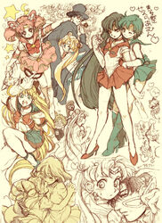  2boys 6+girls aino_minako artemis_(sailor_moon) bishoujo_senshi_sailor_moon bishoujo_senshi_sailor_moon_stars black_hair blonde_hair blue_sailor_collar blue_skirt boots bow brooch chiba_mamoru chibi_usa choker codename_wa_sailor_v commentary_request cone_hair_bun crescent crescent_brooch crescent_facial_mark facial_mark feline green_hair hair_bun happy high_heels hino_rei inner_senshi interlocked_fingers jewelry knee_boots luna_(sailor_moon) magical_girl mask mizuno_ami multiple_boys multiple_girls nitako one_eye_closed pink_hair pink_sailor_collar red_bow red_choker red_sailor_collar red_skirt sailor_chibi_moon sailor_collar sailor_mars sailor_mercury sailor_moon sailor_senshi sailor_senshi_uniform sailor_v shoes sketch skirt smile star_brooch super_sailor_chibi_moon_(stars) tomoe_hotaru translation_request tsukino_usagi tuxedo tuxedo_kamen umino_gurio yuri 