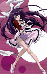  absurdres asu_no_yoichi blush bow dress female frills hairbow highres ikaruga_ibuki legs long_hair morishima_noriko one_eye_closed photoshop_(medium) purple_eyes purple_hair short_dress solo very_long_hair wind wind_lift 