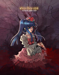  agasang blood blue_eyes blue_hair bow choker commentary_request cross-laced_clothes cross-laced_skirt end_of_the_golden_witch female flower frilled_skirt frills furudo_erika glowing glowing_eyes hair_flower hair_ornament high-waist_skirt photoshop_(medium) pink_bow red_flower red_rose rose severed_hand skirt solo twintails umineko_no_naku_koro_ni 