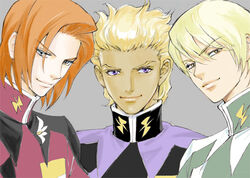  3boys blonde_hair brown_eyes commentary_request dark-skinned_male dark_skin dearka_elsman gundam gundam_seed gundam_seed_destiny heine_westenfluss lowres male_focus miguel_aiman military military_uniform multiple_boys orange_hair photoshop_(medium) purple_eyes rose_(corundum) uniform 