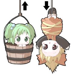  2girls arrow_(symbol) blonde_hair blush_stickers bow bucket chibi commentary_request green_eyes green_hair hair_bobbles hair_ornament hairbow hanging in_bucket in_container kisume kurodani_yamame meta&#039;36 multiple_girls open_mouth short_hair touhou twintails upside-down wooden_bucket 