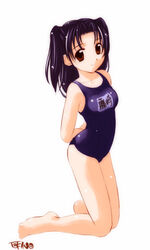  arms_behind_back barefoot female fujisaki_akari hikaru_no_go kneeling one-piece_swimsuit school_swimsuit solo swimsuit tokino two_side_up 