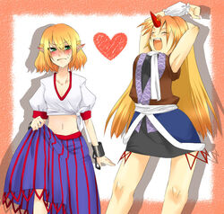  2girls angry armpits arms_up bad_id bad_pixiv_id blonde_hair blush breasts cosplay costume_switch cuffs embarrassed horns hoshiguma_yuugi hoshiguma_yuugi_(cosplay) large_breasts long_skirt midriff mizuhashi_parsee mizuhashi_parsee_(cosplay) multiple_girls pointy_ears shackles sherad shirt single_horn skirt skirt_hold stretching tied_shirt touhou 