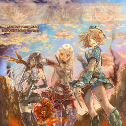  3girls armor belt black_hair blonde_hair blue_eyes brown_hair commentary_request fantasy fantasy_earth fantasy_earth_zero fingerless_gloves fire gloves green_eyes long_hair multiple_girls orange_eyes partial_commentary scout_(fantasy_earth) scout_(grenadier_outfit)_(fantasy_earth_zero) short_hair skirt sorcerer_(fantasy_earth_zero) suga_koharu sword thighhighs torn_clothes warrior_(fantasy_earth) weapon 