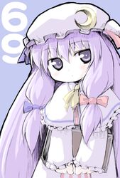  book bow commentary_request crescent crescent_hat_ornament female hat hat_ornament long_hair meta&#039;36 patchouli_knowledge pink_bow purple_eyes purple_hair solo touhou 