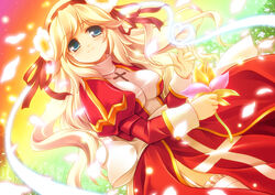  blonde_hair blue_eyes commentary_request cross female flower hair_flower hair_ornament hair_ribbon high_priest_(ragnarok_online) long_hair mini_koala photoshop_(medium) ragnarok_online ribbon solo 