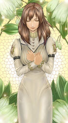  bad_id bad_pixiv_id brown_hair closed_eyes commentary_request devil_may_cry_(series) devil_may_cry_4 dress female kyrie_(devil_may_cry) plant solo tarowo 