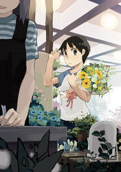  2girls black_hair commentary_request flower multiple_girls original shirt short_hair t-shirt yukihiroyuki 