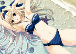  absurdres armpits beach bikini blonde_hair blue_bikini blue_eyes breasts day diagonal_stripes female hairband highres kanou_seia large_breasts long_hair lying navel ocean on_back outdoors ribbon shell solo starfish stellar_theater stomach striped_bikini striped_clothes suzuhira_hiro swimsuit water 