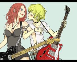  2girls arakawa_(aintnoroom) belt blonde_hair blue_eyes blush bracelet breasts chemise choker cleavage closed_eyes commentary_request copyright_request electric_guitar fender_musical_instruments_corporation fender_telecaster gretsch gretsch_6120 guitar imminent_kiss instrument jewelry locked_arms medium_breasts multiple_girls necklace red_hair ring short_hair strap_slip tongue yuri 