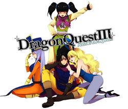  1boy 3girls animal_ears bad_id bad_pixiv_id black_hair blonde_hair blush bodysuit boots closed_eyes commentary_request copyright_name dragon_quest dragon_quest_iii fighter_(dq3) fingerless_gloves gloves hat hero_(dq3) hidaka_ryou high_heels highres jester_(dq3) long_hair mitre multiple_girls orange_bodysuit pantyhose playboy_bunny priest_(dq3) purple_hair rabbit_ears roto_(dq3) shoes short_twintails smile tabard thumbs_up twintails 