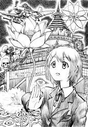  aircraft airplane building commentary_request dokuromaru expressions female flower greyscale hair_ornament hairclip highres hirasawa_susumu hirasawa_yui k-on! lotus megaphone monochrome parody real_life real_life_insert robot skeleton sketch surreal thai_text 