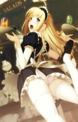  ahoge anna_(gekkou_no_carnevale) apron ass blonde_hair female gekkou_no_carnevale highres long_hair maid oosaki_shin&#039;ya open_mouth panties pantyshot scan solo thighhighs tray underwear waitress 