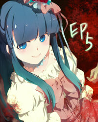  bad_id bad_pixiv_id blood blue_eyes blue_hair blunt_bangs bow choker end_of_the_golden_witch female flower furudo_erika imai_taki long_sleeves looking_at_viewer pink_bow puffy_long_sleeves puffy_sleeves rose smile solo twintails umineko_no_naku_koro_ni 