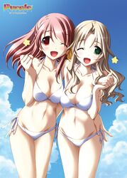  2girls ashita_no_kimi_to_au_tame_ni bikini blonde_hair breasts cleavage day green_eyes highres kurashima_tomoyasu large_breasts multiple_girls navel one_eye_closed pink_eyes pink_hair side-tie_bikini_bottom swimsuit wakamiya_asuka yuugiri_ruriko 