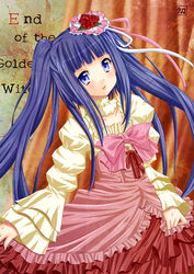  blue_eyes blue_hair bow commentary_request cross-laced_clothes cross-laced_skirt end_of_the_golden_witch female flower frilled_skirt frills furudo_erika hair_ornament high-waist_skirt painttool_sai_(medium) pengin_guriko pink_bow skirt solo twintails umineko_no_naku_koro_ni 