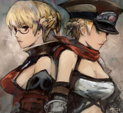  2girls blonde_hair fantasy_earth fantasy_earth_zero glasses green_eyes hair_up hat multiple_girls opiu photoshop_(medium) red_eyes scout_(fantasy_earth) scout_(grenadier_outfit)_(fantasy_earth_zero) 