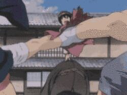  animated animated anime_screenshot battle braid female japanese_clothes katana kazemakase_tsukikage_ran kicking lowres miyao_(kazemakase_tsukikage_ran) multiple_boys outdoors samurai sword weapon 