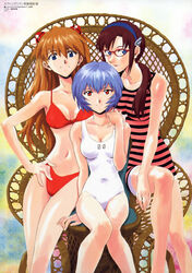  3girls absurdres adapted_costume arm_support ayanami_rei bikini blue_eyes blue_hair bodysuit breasts casual_one-piece_swimsuit chair cleavage covered_navel evangelion:_2.0_you_can_(not)_advance glasses hair_between_eyes hair_ornament hair_over_shoulder hair_tie hairband hand_on_another&#039;s_shoulder hand_on_own_hip highres holding_hands iida_fumio impossible_clothes light_smile long_hair looking_at_viewer low_twintails makinami_mari_illustrious medium_breasts megami_magazine multiple_girls navel neon_genesis_evangelion official_art one-piece_swimsuit orange_hair parted_bangs parted_lips pink_one-piece_swimsuit purple_eyes rebuild_of_evangelion red-framed_eyewear red_bikini red_eyes scan short_hair sitting skinny smile souryuu_asuka_langley striped_clothes striped_one-piece_swimsuit swimsuit thigh_gap twintails two_side_up white_one-piece_swimsuit wicker_furniture 