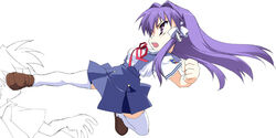  clannad commentary_request female fujibayashi_kyou kicking long_hair partial_commentary purple_eyes purple_hair school_uniform solo thighhighs yamano_sachi 