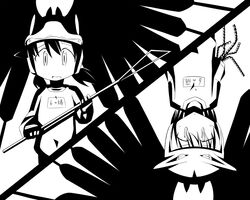  2girls alien alien_nine bibi02 borg_(alien_nine) commentary_request drill fingerless_gloves gloves greyscale kawamura_kumi monochrome multiple_girls ootani_yuri short_hair spoilers twintails wings 