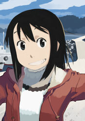  bad_id bad_pixiv_id black_hair boat cloud copyright_request day female grin photoshop_(medium) smile solo watercraft yukihiroyuki 