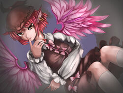  animal_ears arugeri brown_hair commentary_request earrings female fingernails hat jewelry long_fingernails mystia_lorelei photoshop_(medium) red_hair short_hair solo touhou wings 