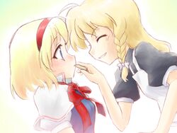  2girls alice_margatroid apron blonde_hair blue_eyes blush braid capelet closed_eyes commentary_request cookie food fumotono_mikoto grin hairband kirisame_marisa multiple_girls profile ribbon smile touhou yuri 