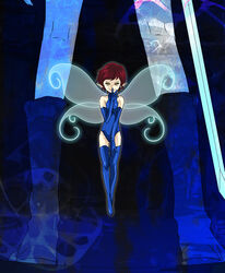  blue_leotard boots elbow_gloves fairy female gloves haruhashi leotard photoshop_(medium) pixie_(megami_tensei) red_hair shin_megami_tensei short_hair solo sword thigh_boots thighhighs weapon wings yellow_eyes 