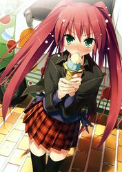  absurdres black_thighhighs blush brick_road eating female food green_eyes highres ice_cream izumi_sora kantoku long_hair pavement plaid plaid_skirt pleated_skirt red_hair skirt solo stellar_theater thighhighs twintails zettai_ryouiki 