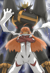  ahoge bodysuit buster_machine_7 commentary_request crossed_arms female glowing glowing_eyes gunbuster gunbuster_pose long_hair mecha nono_(top_wo_nerae_2!) orange_hair purple_eyes robot ryu3224 scarf super_robot top_wo_nerae! top_wo_nerae_2! white_bodysuit 