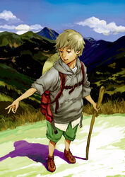  1boy backpack bag brown_eyes brown_hair cane commentary_request hands hat highres holding holding_stick hood hood_down hoodie kiyohisa male_focus mountain original outdoors outstretched_arm outstretched_hand reaching shorts solo stick straw_hat 