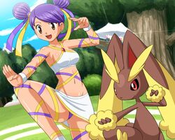  :d black_sclera blush breasts brown_eyes brown_fur cloud collarbone colored_sclera crop_top day double_bun female fighting_stance grass hair_bun hair_ribbon hand_up happy leg_lift looking_to_the_side lopunny lowres midriff navel open_mouth outdoors outstretched_arm pokemoa pokemon pokemon_(creature) pokemon_battle_revolution purple_hair ribbon sashay_(pokemon) shiny_skin skirt sky smile standing standing_on_one_leg tree upskirt white_skirt 