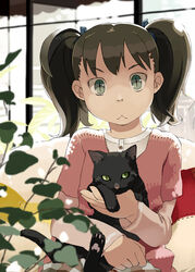  :&lt; :3 animal backlighting black_cat black_hair blurry closed_mouth commentary_request depth_of_field eyebrows feline female green_eyes holding holding_animal indoors layered_sleeves leaf long_sleeves looking_at_viewer original plant short_over_long_sleeves short_sleeves slit_pupils solo twintails upper_body window yukihiroyuki 