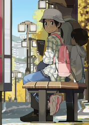  2boys backpack bag black_hair bus_stop commentary_request female hat multiple_boys original outdoors photoshop_(medium) scenery short_twintails sketchbook twintails yukihiroyuki 