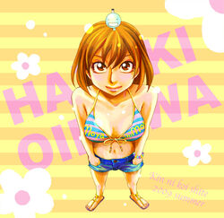  bare_shoulders bikini bikini_top_only blush bracelet breasts brown_eyes brown_hair cleavage commentary_request female flower from_above hands_in_pockets jewelry large_breasts lips lipstick looking_up makeup midriff moyashimon navel oikawa_hazuki sandals short_hair solo striped_bikini striped_clothes swimsuit yuki_(kinkoi) 