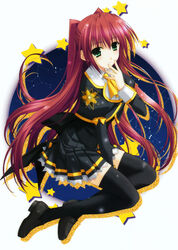  absurdres ascot black_footwear black_skirt black_thighhighs canis_minor_(constellation) circle constellation draco_(constellation) female green_eyes hand_on_own_face hand_to_own_mouth hand_up hercules_(constellation) highres izumi_sora juliet_sleeves kimizuka_aoi lepus_(constellation) loafers long_hair long_sleeves looking_at_viewer looking_to_the_side orion_(constellation) pleated_skirt puffy_sleeves red_hair school_uniform shoes sitting skirt sleeve_cuffs solo star_(symbol) star_map star_print stellar_theater taurus_(constellation) thighhighs very_long_hair yellow_ascot yokozuwari zettai_ryouiki 