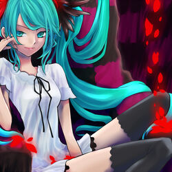  aqua_eyes aqua_hair aqua_nails bad_id bad_pixiv_id female hair_ribbon hatsune_miku long_hair nail_polish petals ribbon skirt smile solo strib_und_werde thighhighs twintails vocaloid world_is_mine_(vocaloid) zettai_ryouiki 