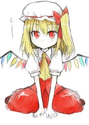  bad_id bad_pixiv_id blonde_hair bow female flandre_scarlet haruno_tomoya hat kneeling one_side_up red_eyes short_hair sitting sketch solo staring touhou v_arms wariza wings 