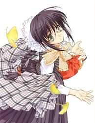  black_eyes black_hair bonnet braid female frills from_above from_side ginkgo_tree glasses hair_ribbon highres leaf long_hair long_skirt long_sleeves looking_at_viewer looking_up marie_(sister_princess) plaid ribbon scarf shawl simple_background sister_princess skirt smile solo tenhiro_naoto white_background 