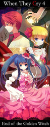  1boy 2girls bad_id bad_pixiv_id beatrice_(umineko) blonde_hair blue_hair bow bug butterfly dress end_of_the_golden_witch flower frills furudo_erika hands highres hinase_haruka multiple_girls pink_bow red_hair twintails umineko_no_naku_koro_ni ushiromiya_battler 