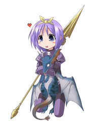  armor asphyxiation bad_id bad_pixiv_id blush_stickers cosplay dragon dragoon dragoon_(final_fantasy) dragoon_wyvern_(ff11) female final_fantasy final_fantasy_xi hairband heart hiiragi_tsukasa hug hug_from_behind kaji_sakaki lance light_purple_hair lucky_star polearm purple_eyes ribbon solo strangling weapon yellow_hairband 