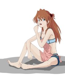  apron aqua_eyes bare_shoulders barefoot blue_shorts bra brown_hair candy collarbone commentary_request evangelion:_2.0_you_can_(not)_advance feet female food full_body highres legs lingerie lollipop long_hair neon_genesis_evangelion partial_commentary rebuild_of_evangelion ribs shorts simple_background sitting solo souryuu_asuka_langley underwear yammy_(cellblo) 