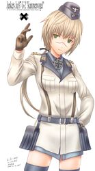  blonde_hair commentary_request female garrison_cap gloves green_eyes hanna_rudel hat military military_uniform sabamu scar scar_on_face scar_on_nose solo strike_witches:_suomus_misfits_squadron thighhighs uniform world_witches_series 