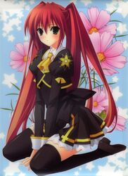  absurdres between_legs black_thighhighs blue_background blush cosmos_(flower) female floral_background flower green_eyes hand_between_legs highres izumi_sora juliet_sleeves kneeling long_hair long_sleeves parted_lips pink_flower puffy_sleeves red_hair shoes sitting solo star_(symbol) star_print starry_background stellar_theater suzuhira_hiro thighhighs twintails uniform v_arms wariza zettai_ryouiki 